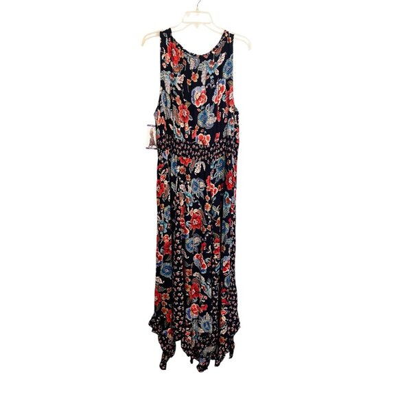 Bila XXL Navy Floral Boho Handkerchief Hem Maxi Dress 100% Rayon NWT Resort Wear - Picture 3 of 11